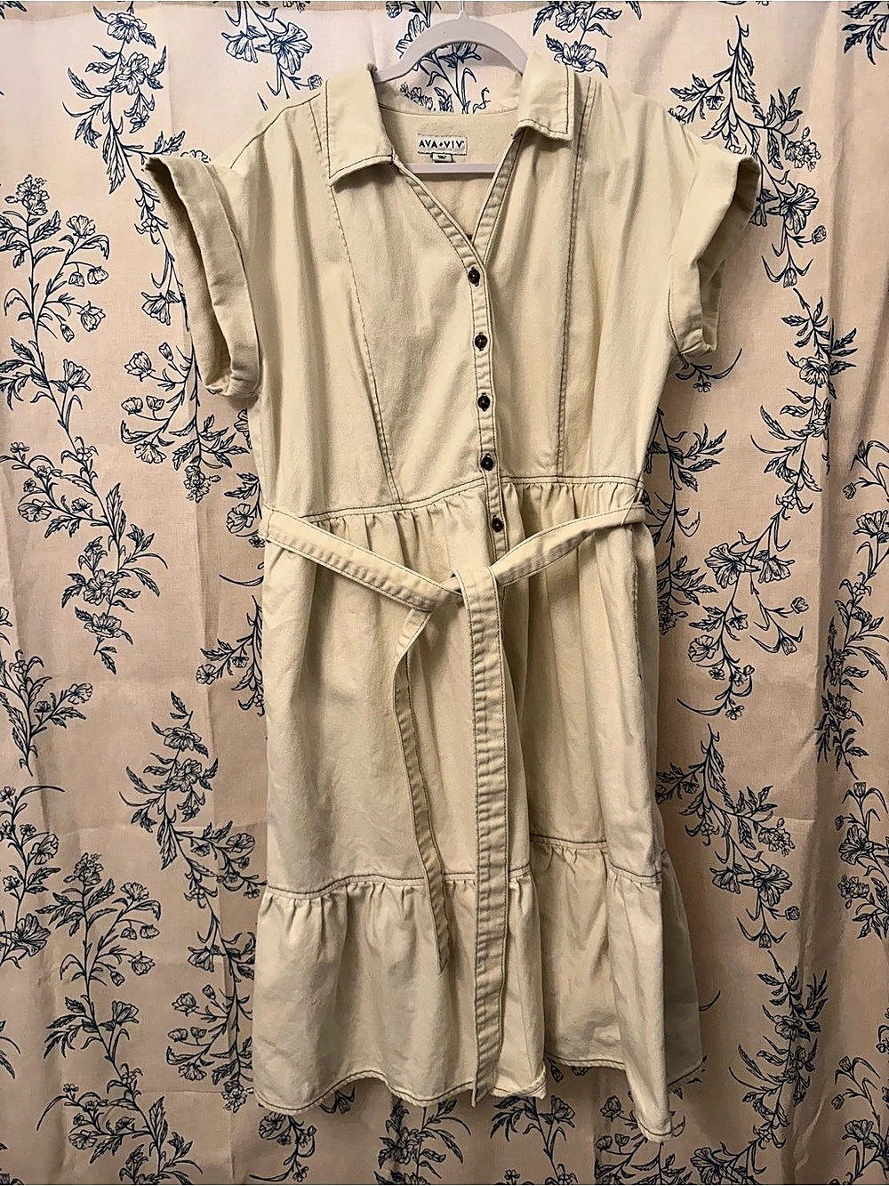 Ava & Viv Cream Button Front Shirt Dress Belted Tiered Hem Plus Size denim